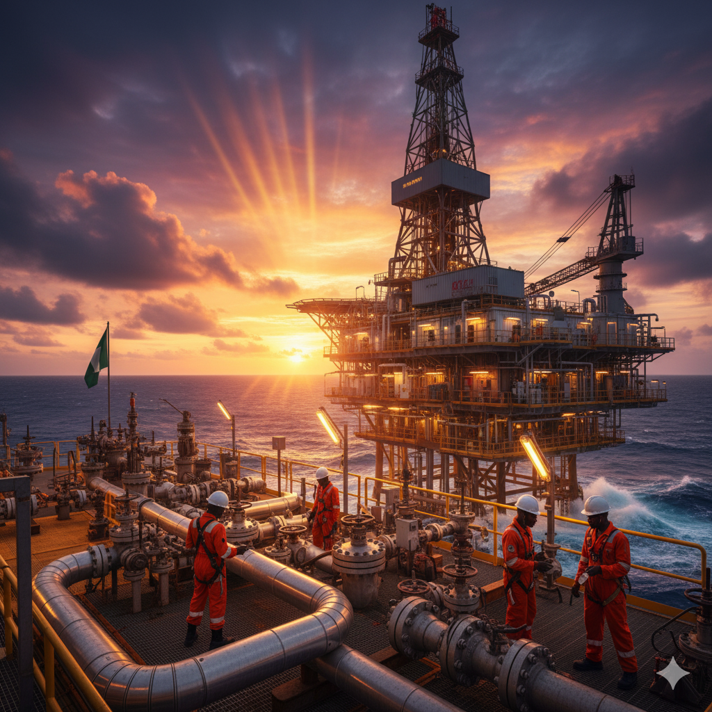 Engineers inspecting offshore oil infrastructure during golden hour