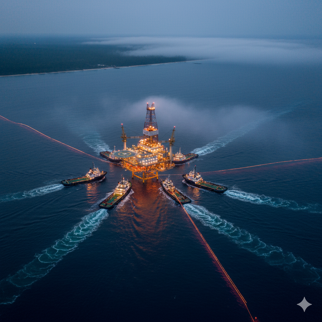 Aerial perspective of marine support vessels around an offshore platform