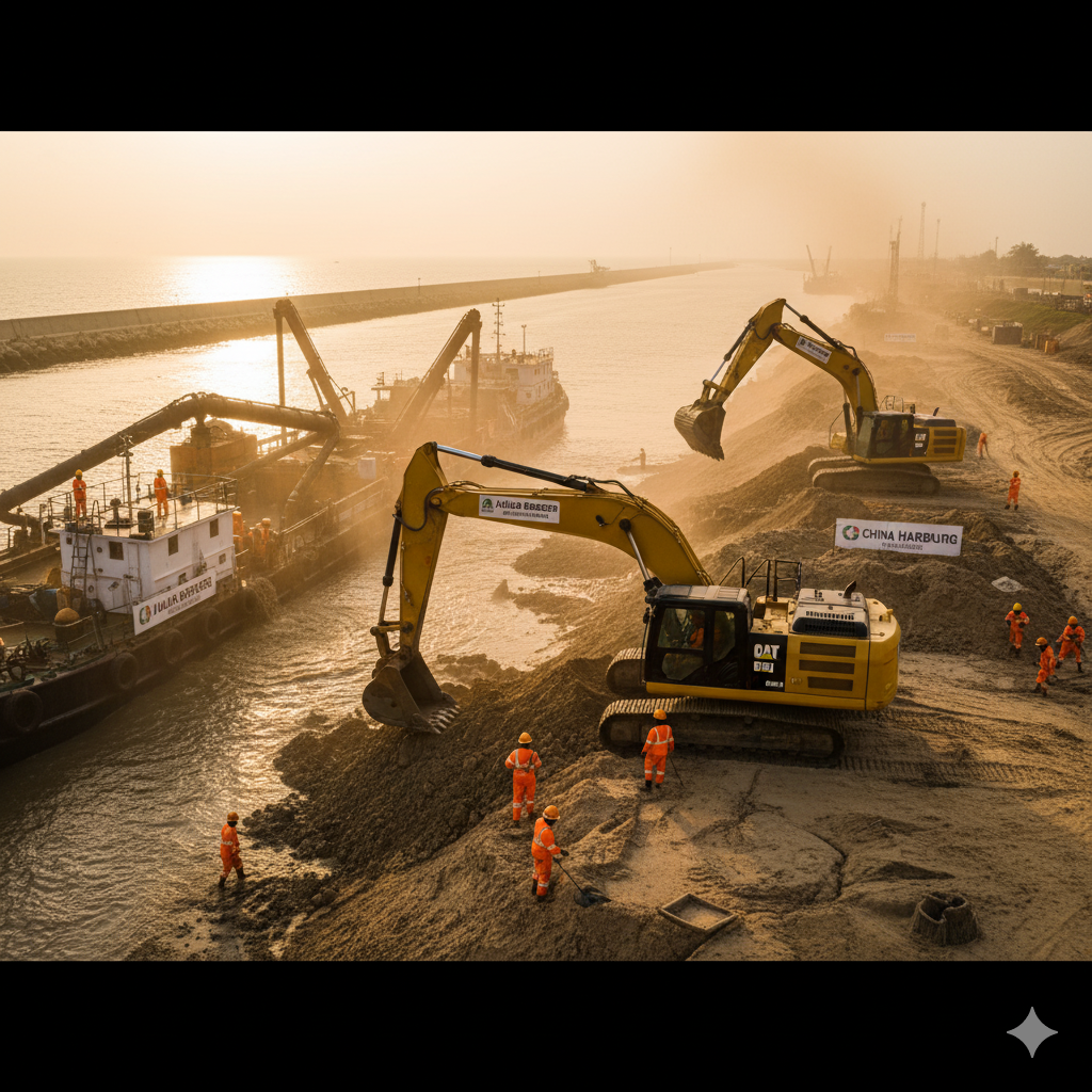 Heavy dredging equipment shaping coastal infrastructure under dramatic skies