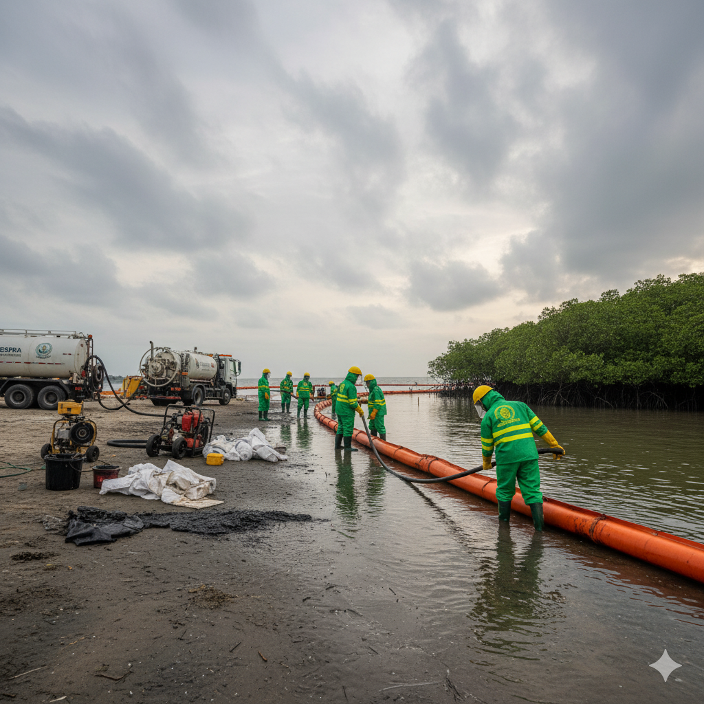 Specialised environmental cleanup crew deploying containment booms
