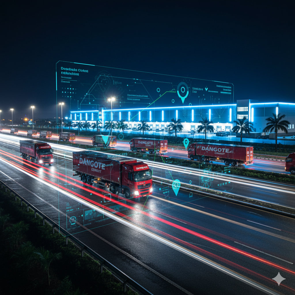 Nighttime logistics convoy with smart warehouse in the background